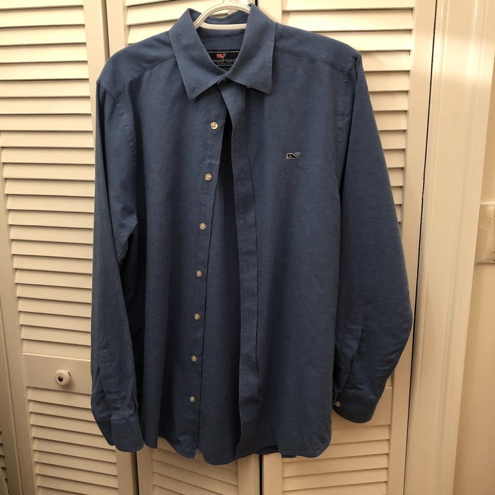 Vineyard Vines men solid blue long sleeve shirt, slim fit whale shirt, M